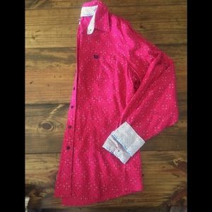 Bright pink cinch button up.